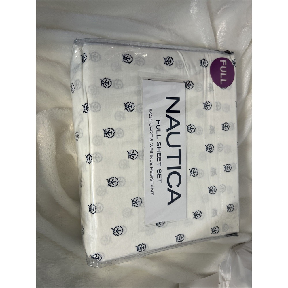 New Nautica ANCHOR CIRCLE  Full Sheet Set Navy ‎ on White NIP. Nautical beach.